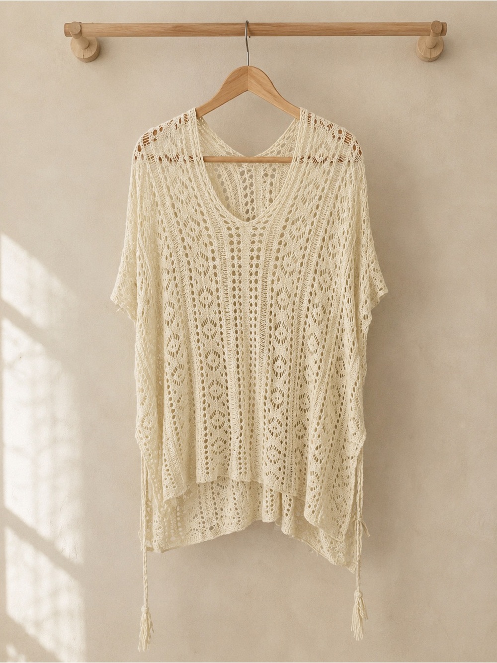 Crochet V-Neck Beach Cover-Up in Yellow Cream
